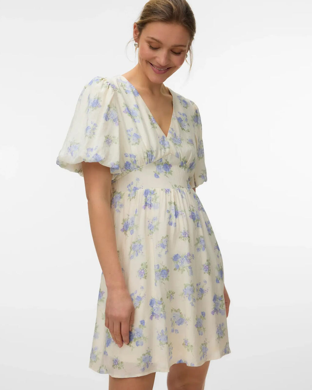 VERO MODA Kjole Bella 2/4 V-neck Short - Birch Blue/ Bella Flower