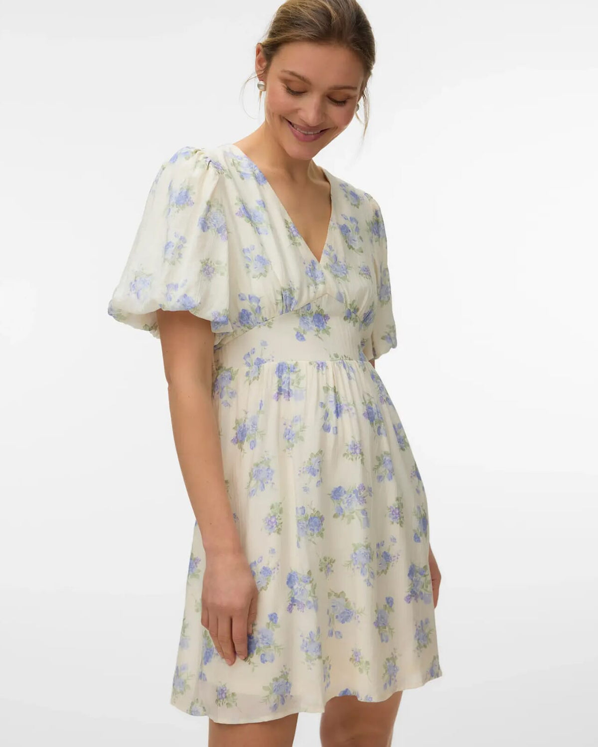 VERO MODA Kjole Bella 2/4 V-neck Short - Birch Blue/ Bella Flower