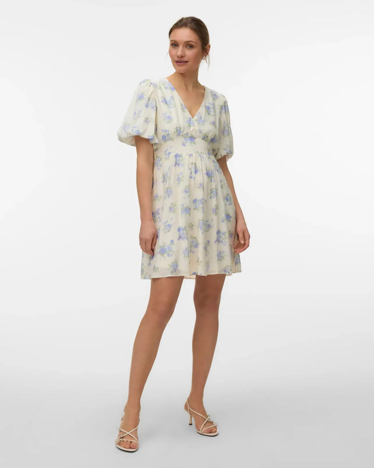 VERO MODA Kjole Bella 2/4 V-neck Short - Birch Blue/ Bella Flower