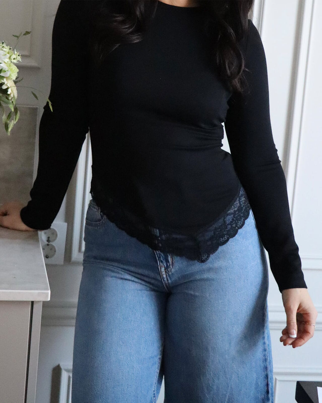 VERO MODA Topp Millie Lace LS O-neck Asm - Black