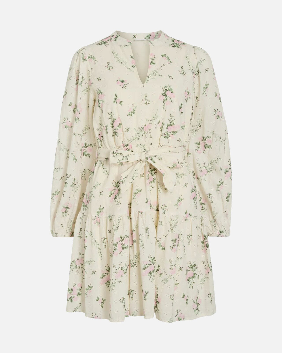 VILA Kjole Miada L/S Emb Short Shirt - Snow White/ Flowers