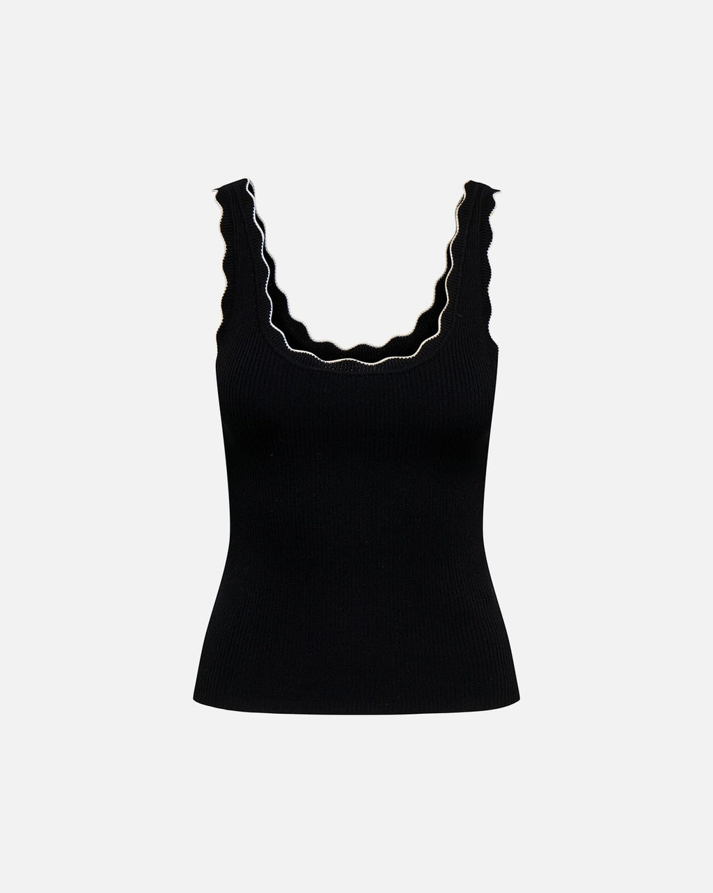 JDY Singlet Nanna S/L Scallop Edge Top Knt - Black/ Cloud Dancer Contrast