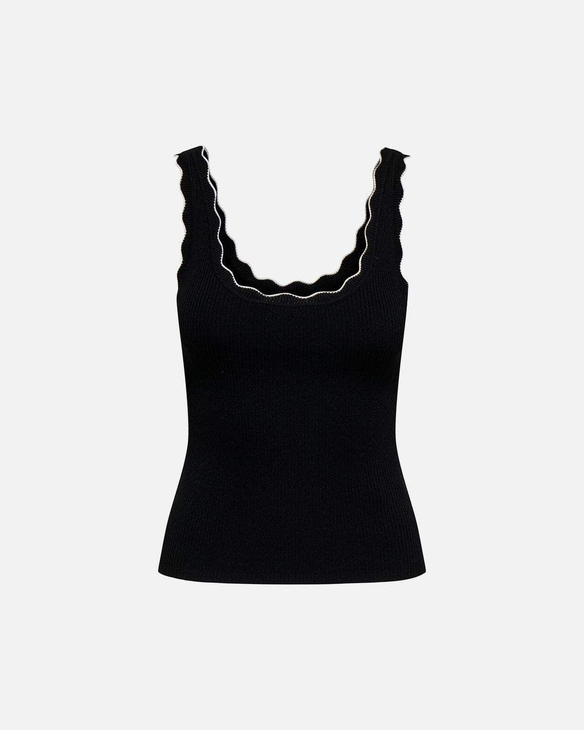 JDY Singlet Nanna S/L Scallop Edge Top Knt - Black/ Cloud Dancer Contrast
