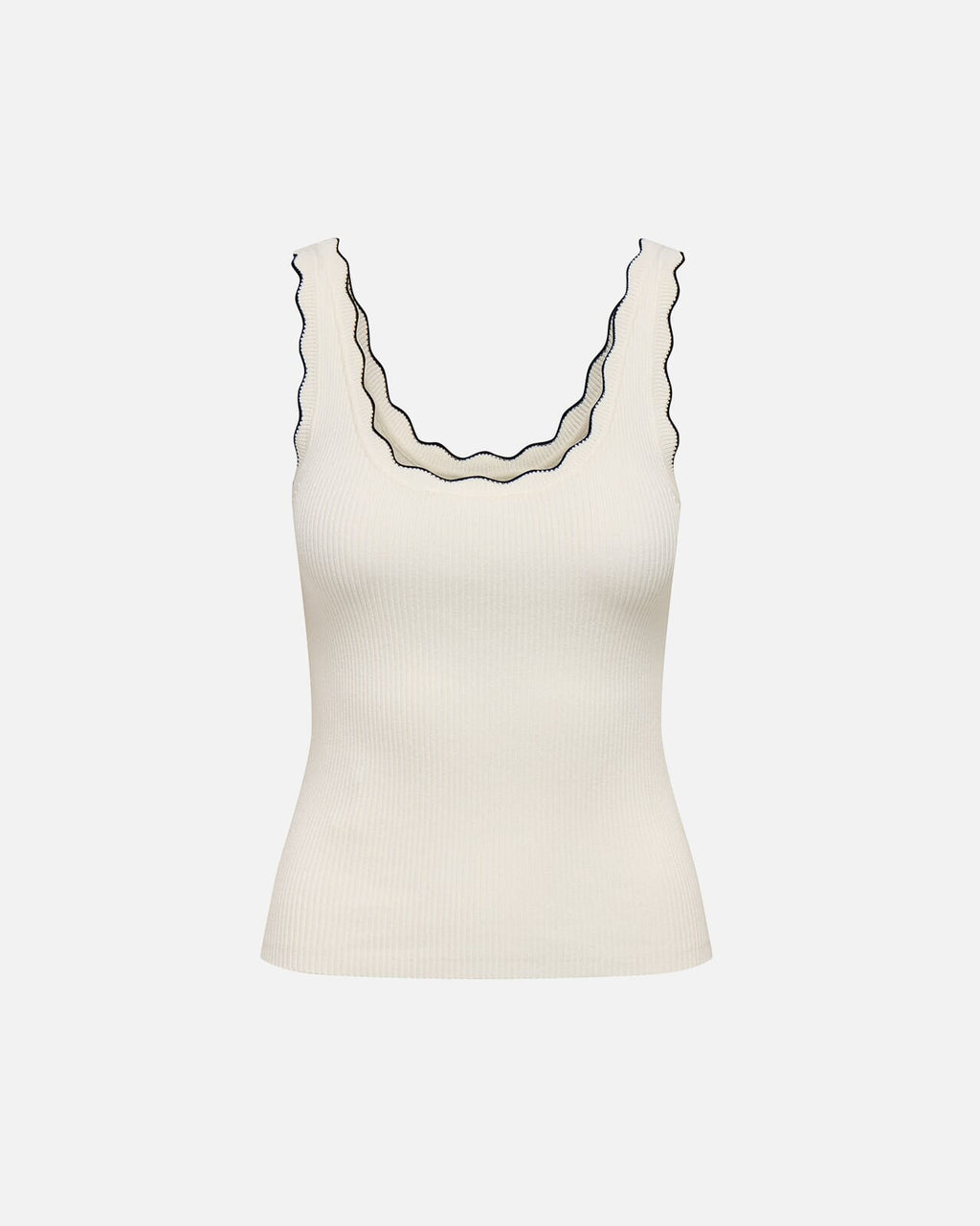JDY Singlet Nanna S/L Scallop Edge Top Knt - Cloud Dancer/ Black Contrast
