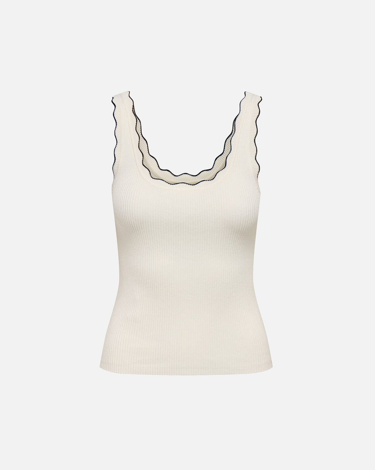 JDY Singlet Nanna S/L Scallop Edge Top Knt - Cloud Dancer/ Black Contrast