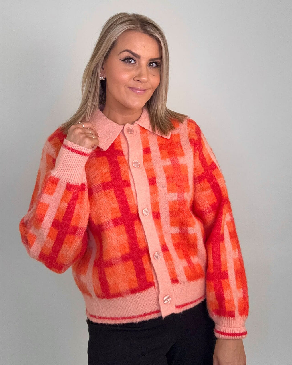 JDY Cardigan Promise Life L/S Collar - Peach Bud/ Nasturtium/ High Risk Red Check