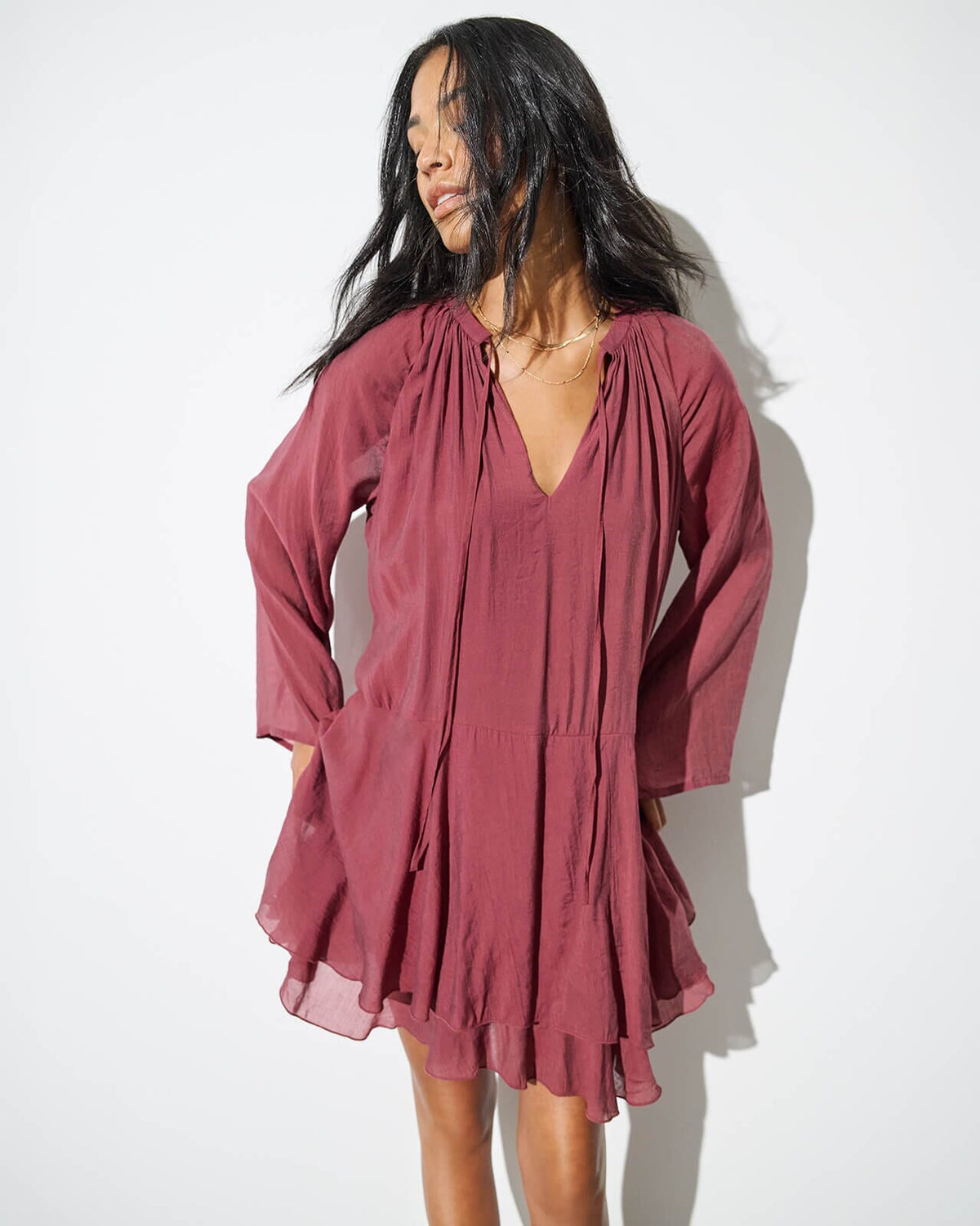 JDY Kjole Harper L/S Frill - Oxblood Red