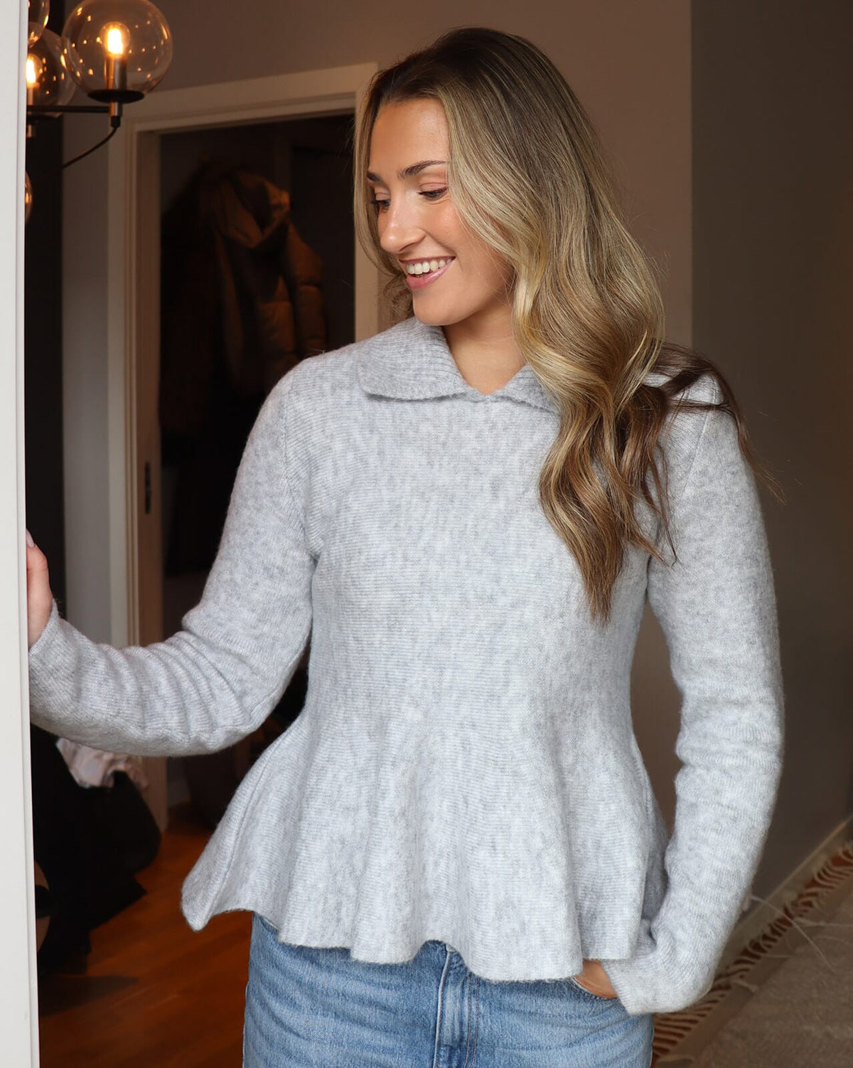 ONLY Strikket Topp Sofia LS Polo Collar Peolum - Light Grey Melange