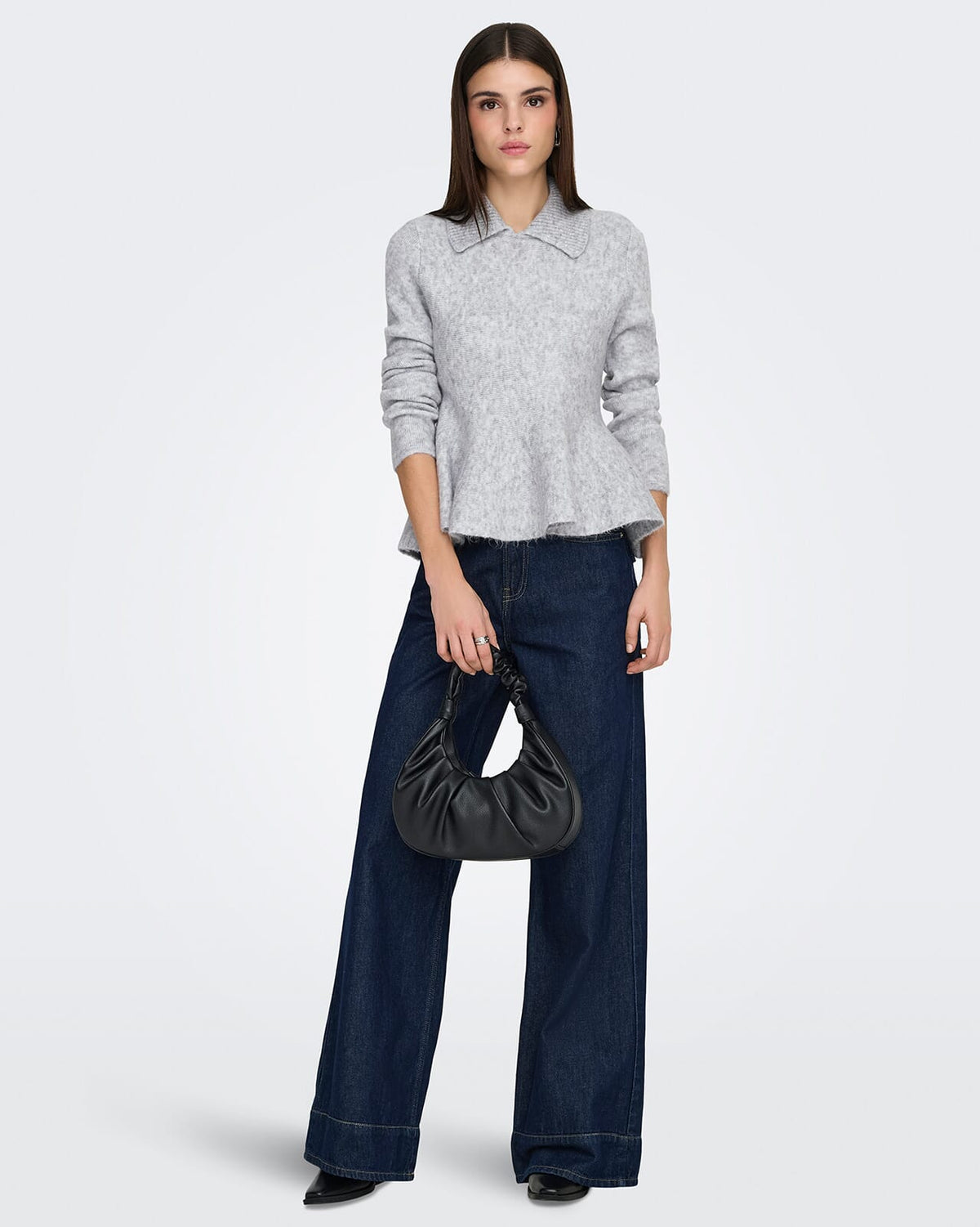 ONLY Strikket Topp Sofia LS Polo Collar Peolum - Light Grey Melange