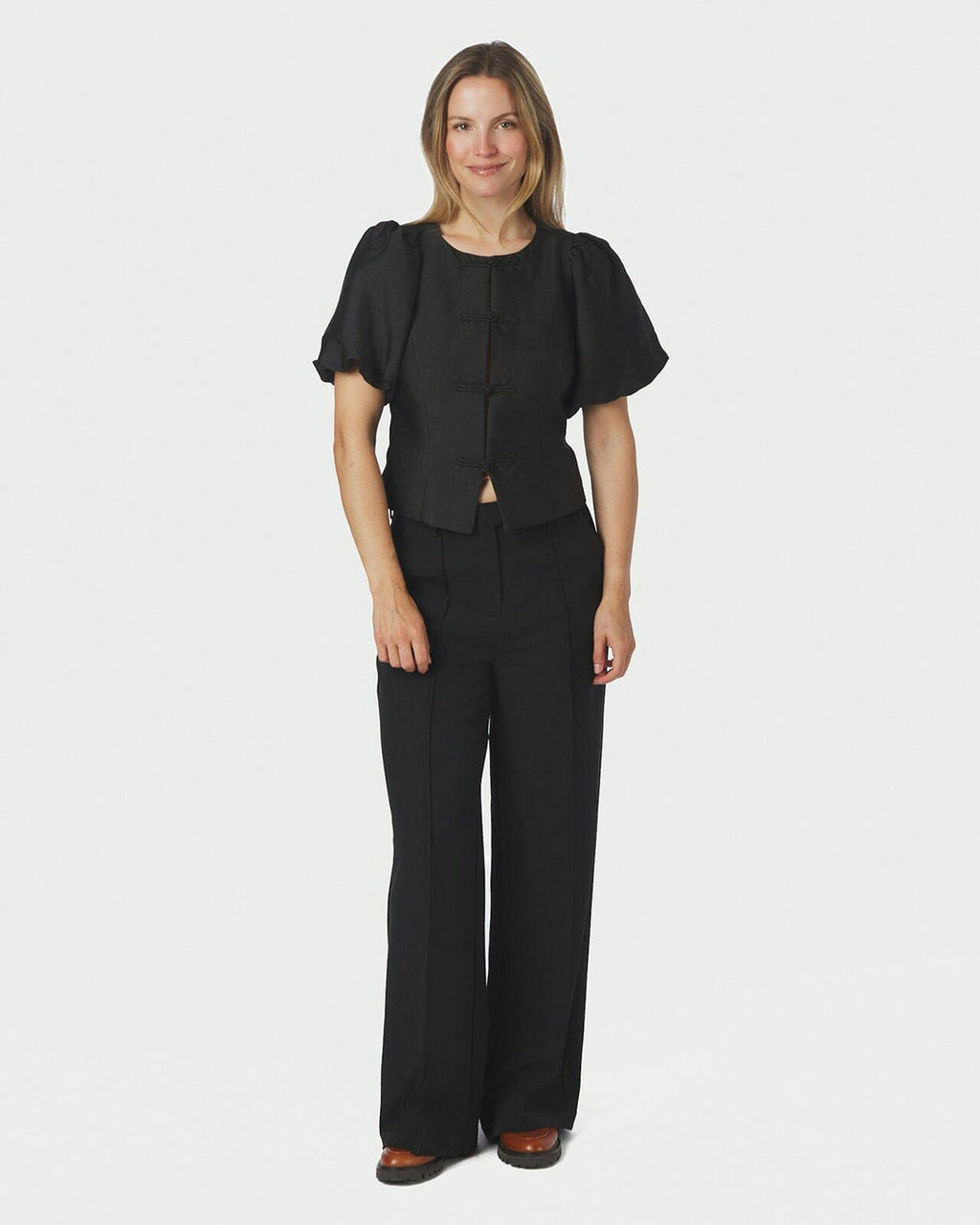 NEO NOIR Mandarin Dull Satin Blouse - Black