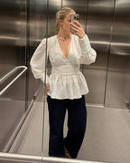 PIECES Topp Monika LS Flounce - Cloud Dancer