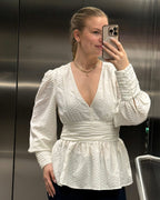 PIECES Topp Monika LS Flounce - Cloud Dancer
