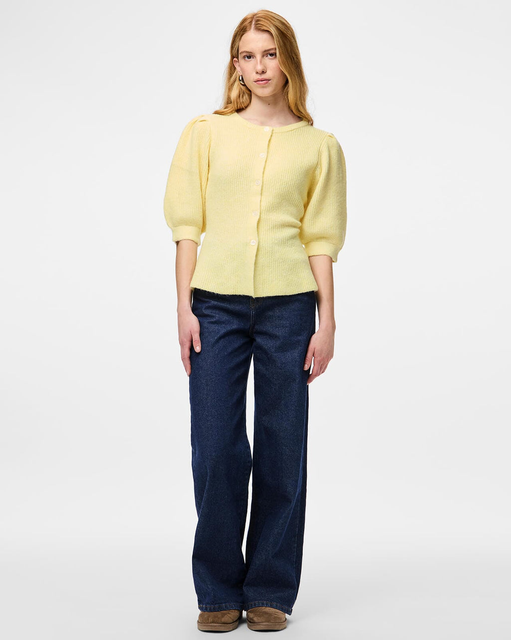 PIECES Strikket Cardigan Silly Puff SS - Pale Banana/ Melange