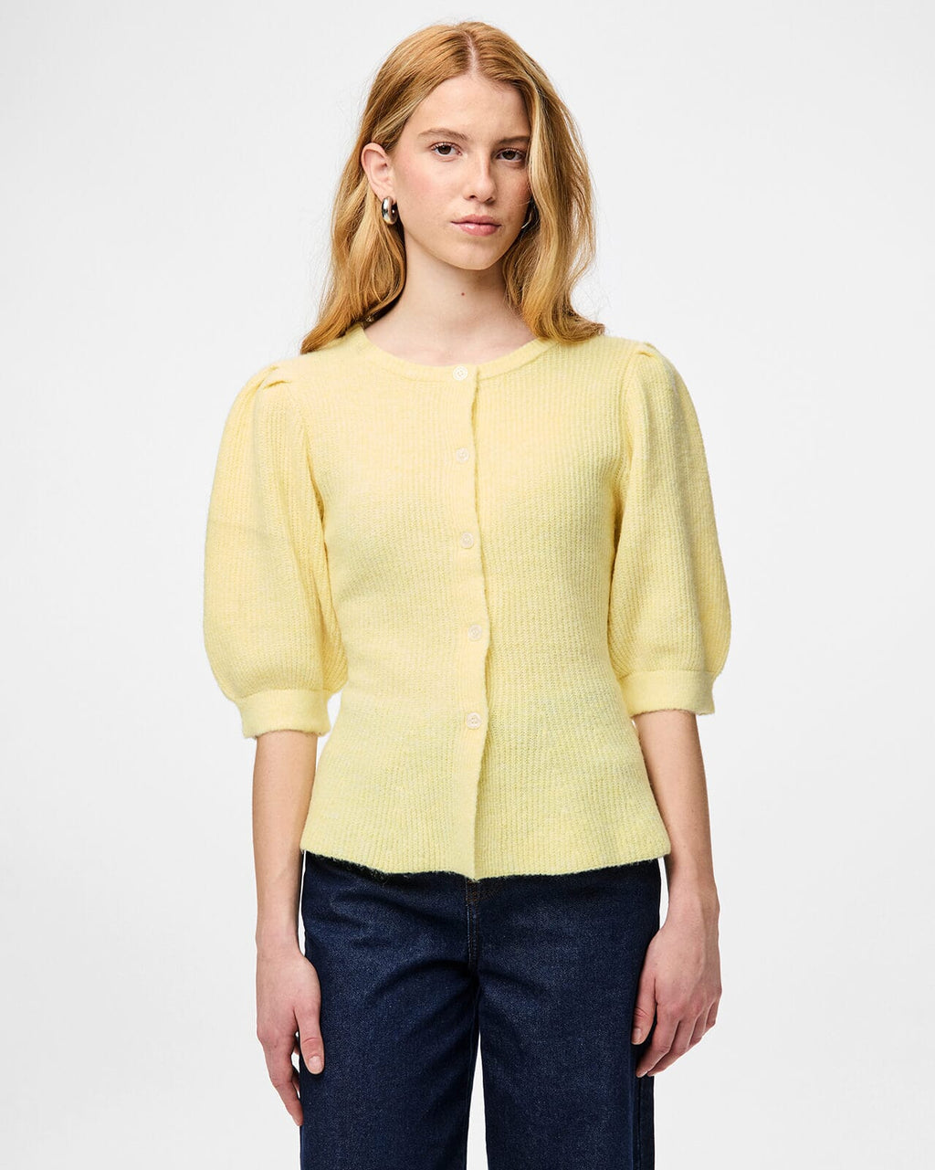 PIECES Strikket Cardigan Silly Puff SS - Pale Banana/ Melange