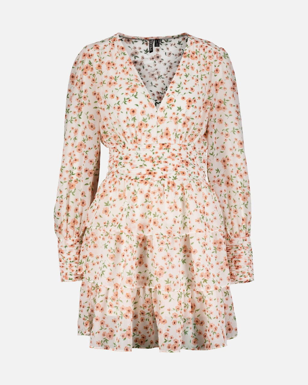 PIECES Kjole Monika Nanna Nanna LS V-neck - Cloud Dancer/ Peach Mel./ Dusty Coral Flow.