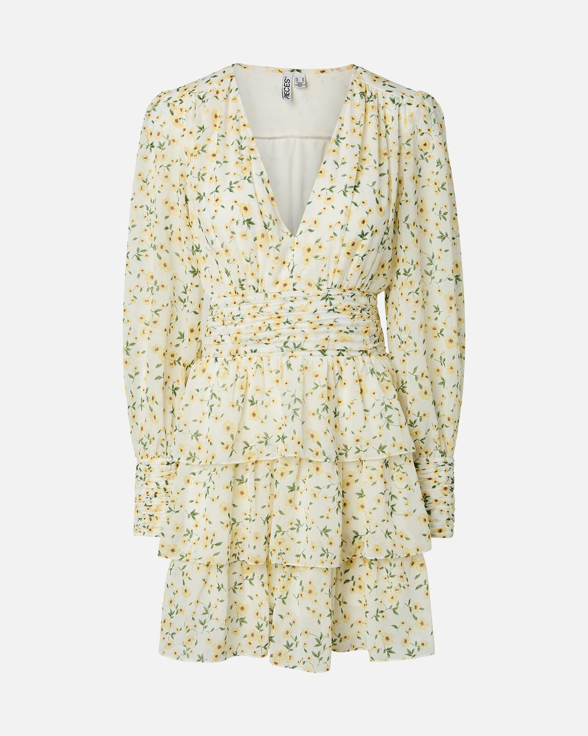 PIECES Kjole Monika Nanna Nanna LS V-neck - Cloud Dancer/ Flan/ Straw Flowers