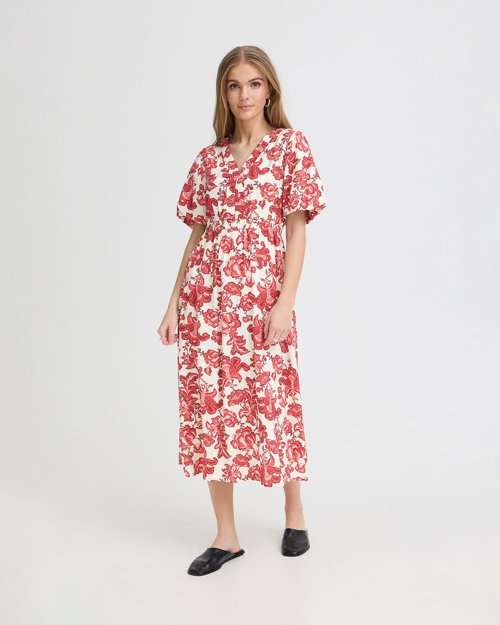 ICHI Midikjole Gilvis DR - Red Floral Print