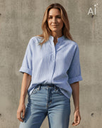 FLOYD Bluse Talli Cotton - Offwhite/ Blue