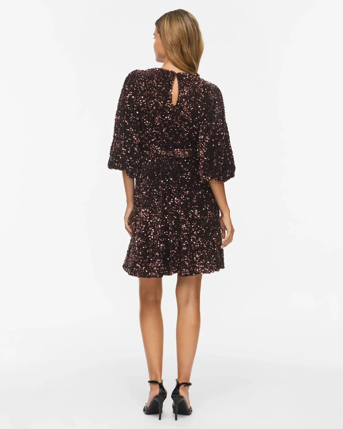VILA Paljettkjole Faith O-neck 3/4 Short - Coffee Bean