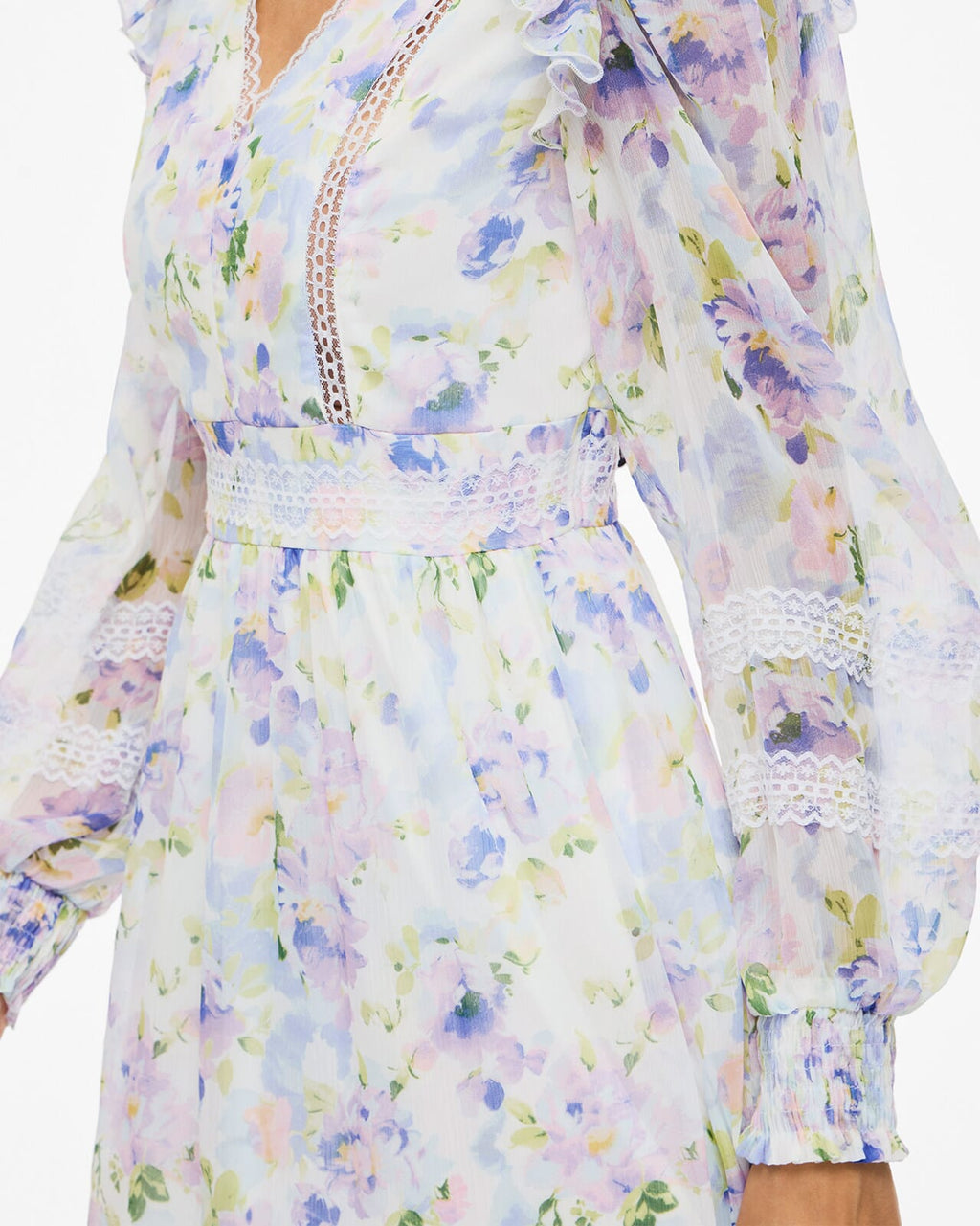 VILA Maxikjole Roman V-neck L/S Ankle - Cloud Dancer/ Purple Flowers