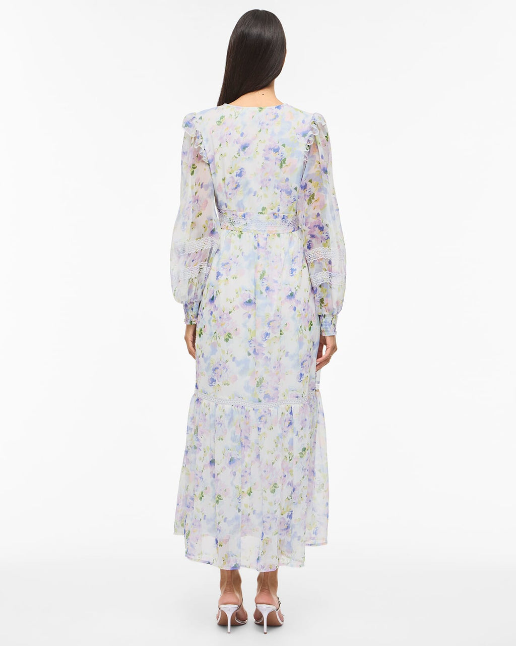 VILA Maxikjole Roman V-neck L/S Ankle - Cloud Dancer/ Purple Flowers