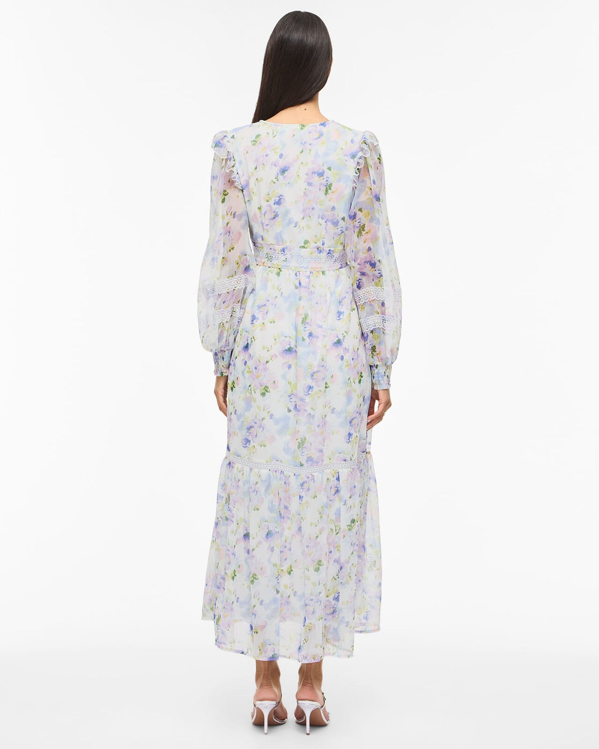 VILA Maxikjole Roman V-neck L/S Ankle - Cloud Dancer/ Purple Flowers