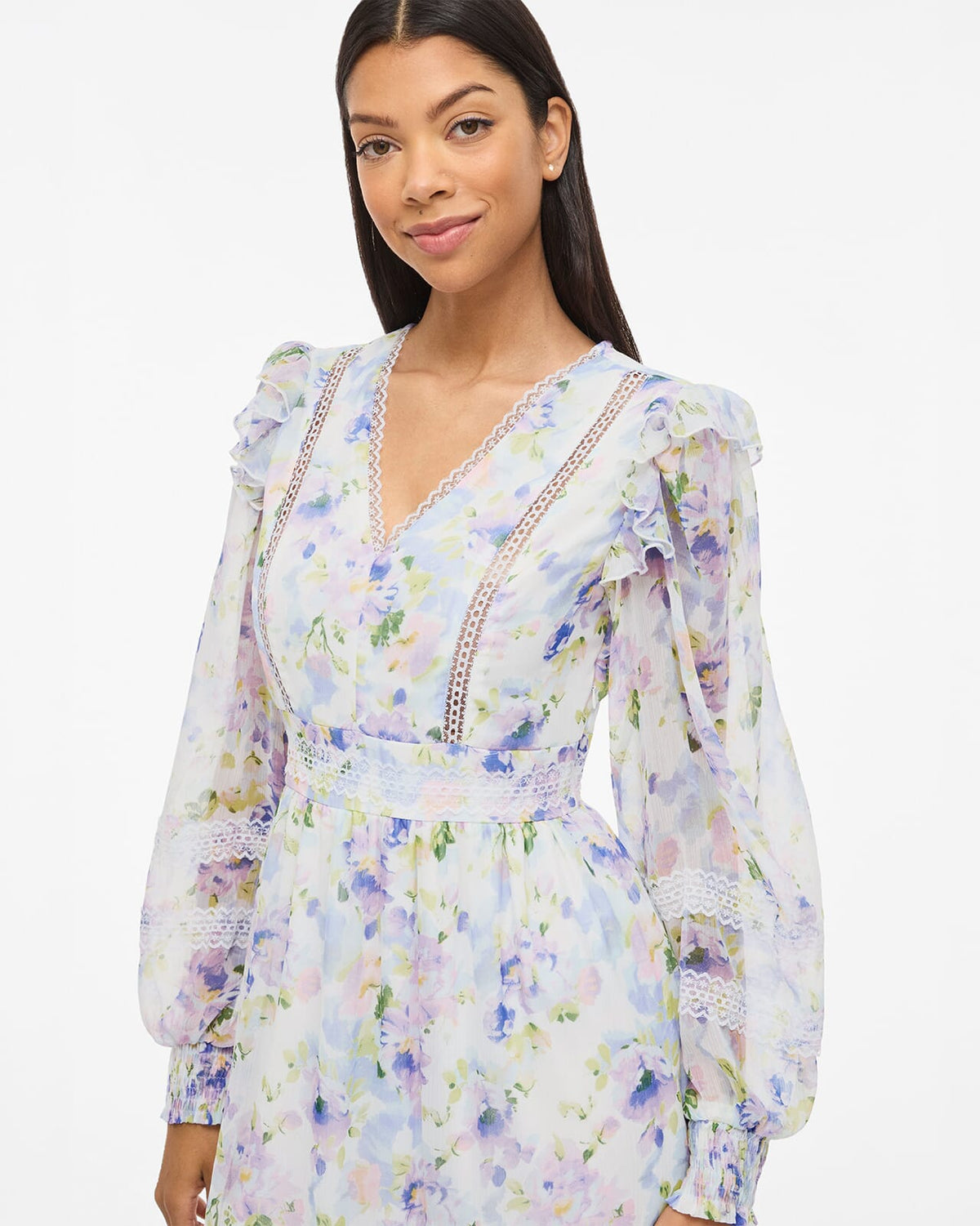 VILA Maxikjole Roman V-neck L/S Ankle - Cloud Dancer/ Purple Flowers