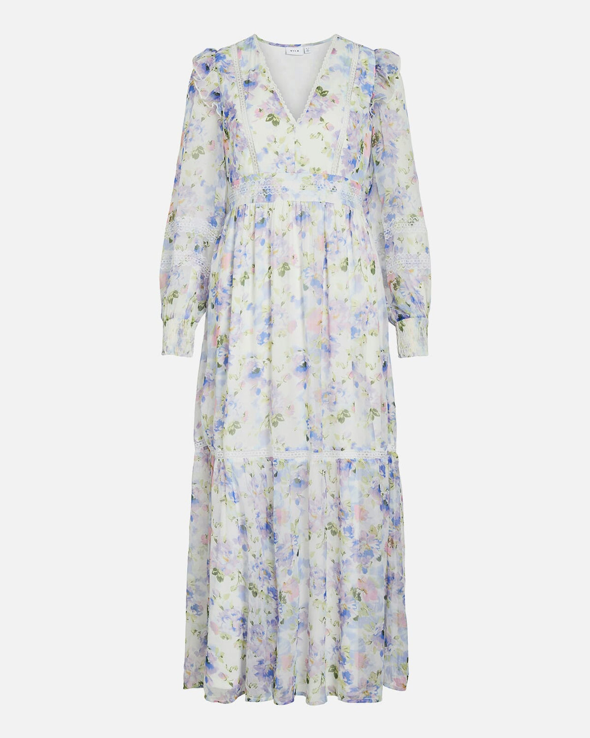 VILA Maxikjole Roman V-neck L/S Ankle - Cloud Dancer/ Purple Flowers