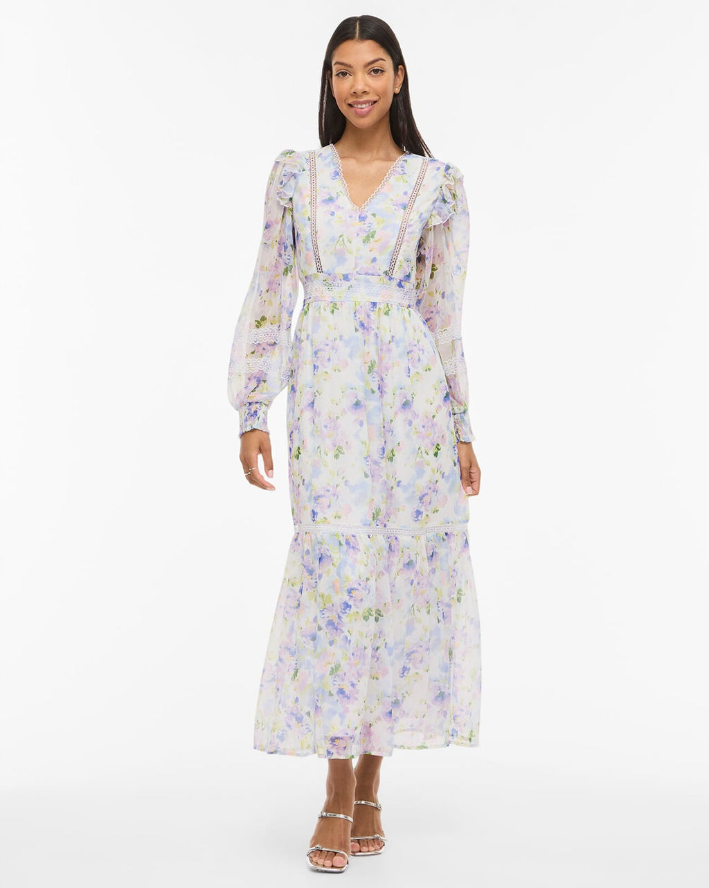 VILA Maxikjole Roman V-neck L/S Ankle - Cloud Dancer/ Purple Flowers