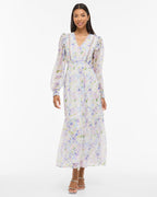 VILA Maxikjole Roman V-neck L/S Ankle - Cloud Dancer/ Purple Flowers