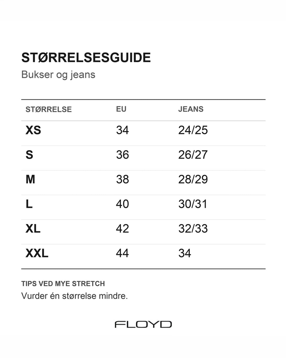 Størrelsesguide bukser og jeans – FLOYD Capri Bente 180A - Black