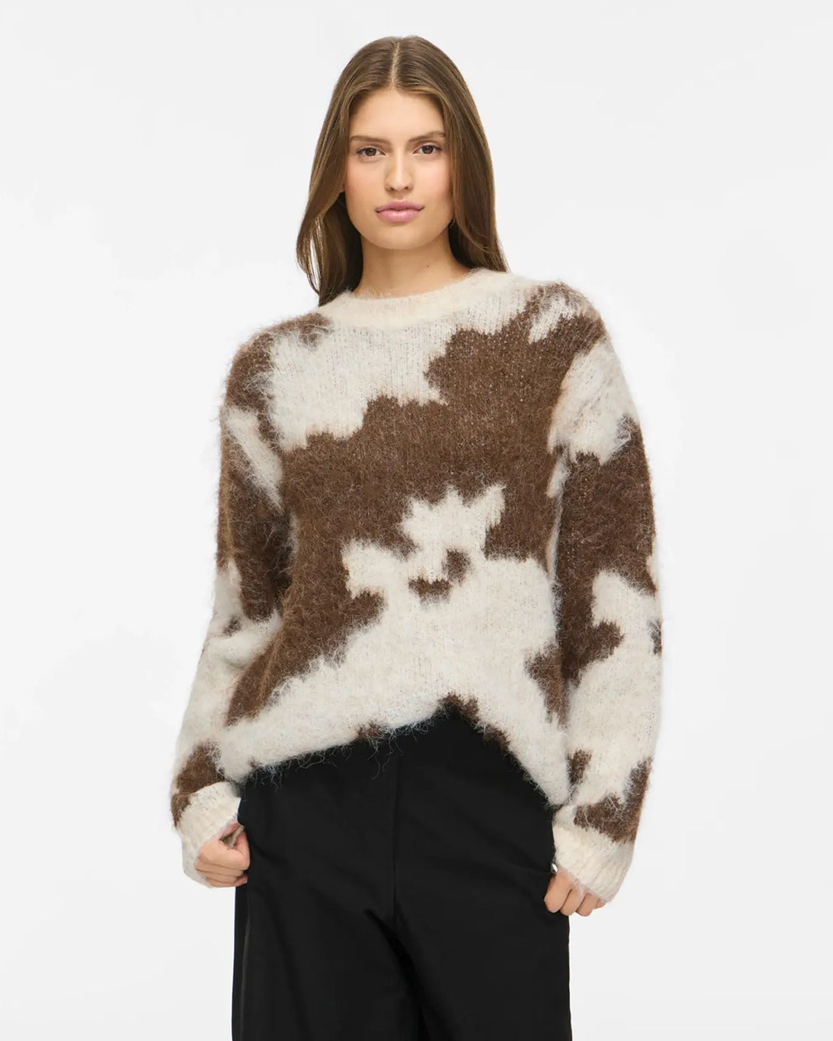 VILA Strikkegenser Venla O-neck L/S Jacquard - Super Light Natural Mel./ Coffee Bean