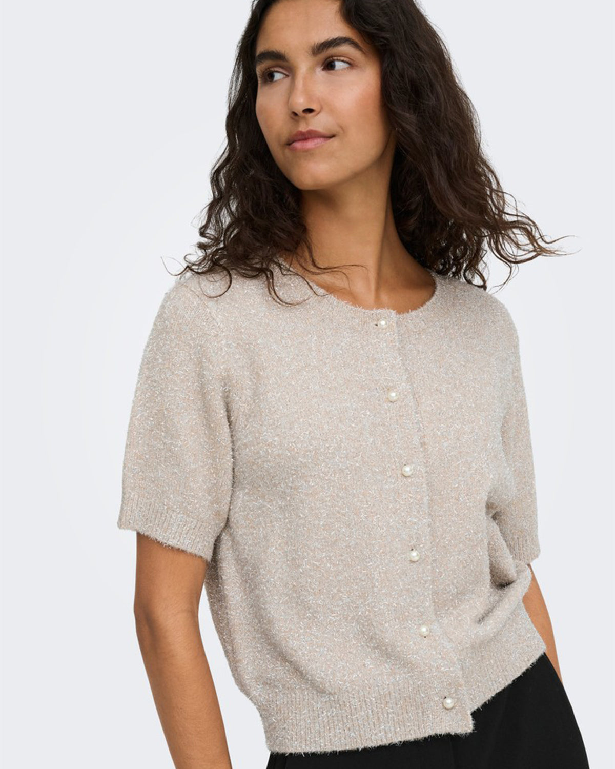 JDY Cardigan Nadine S/S Glitter - Beige w. Silver Lurex