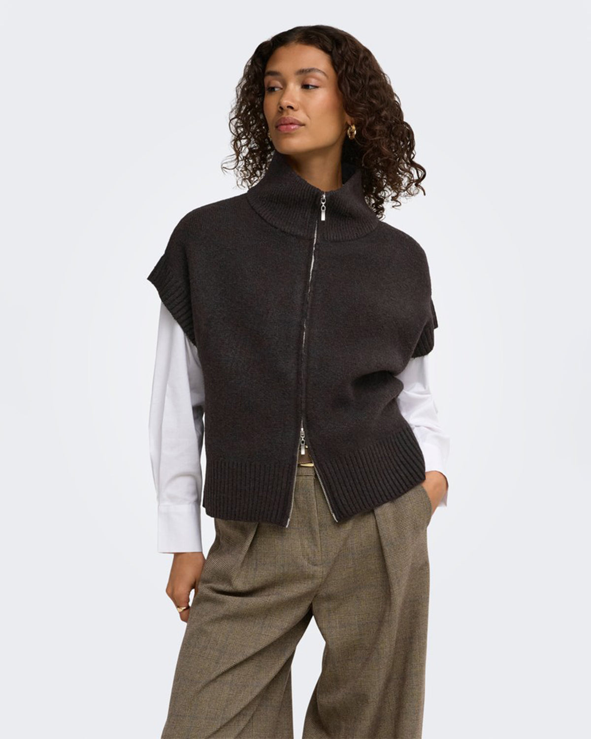 JDY Vest Lea S/L HN 2Way Zip - Chocolate Torte Melange