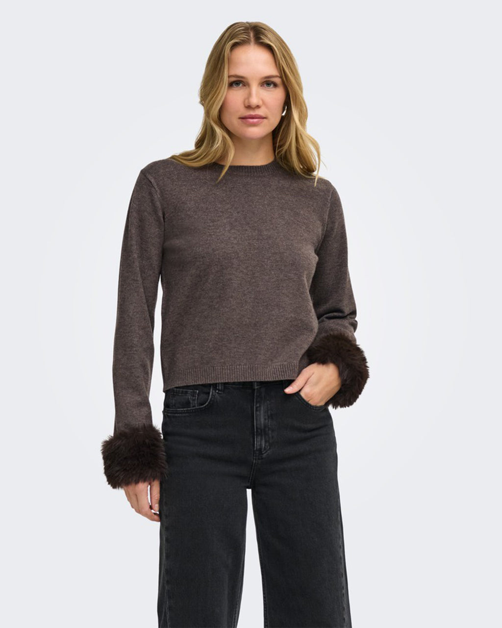 JDY Genser Talia L/S On Faux Fur Pullover - Mulch W. Faux Fur Detail