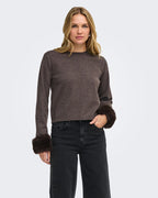 JDY Genser Talia L/S On Faux Fur Pullover - Mulch W. Faux Fur Detail