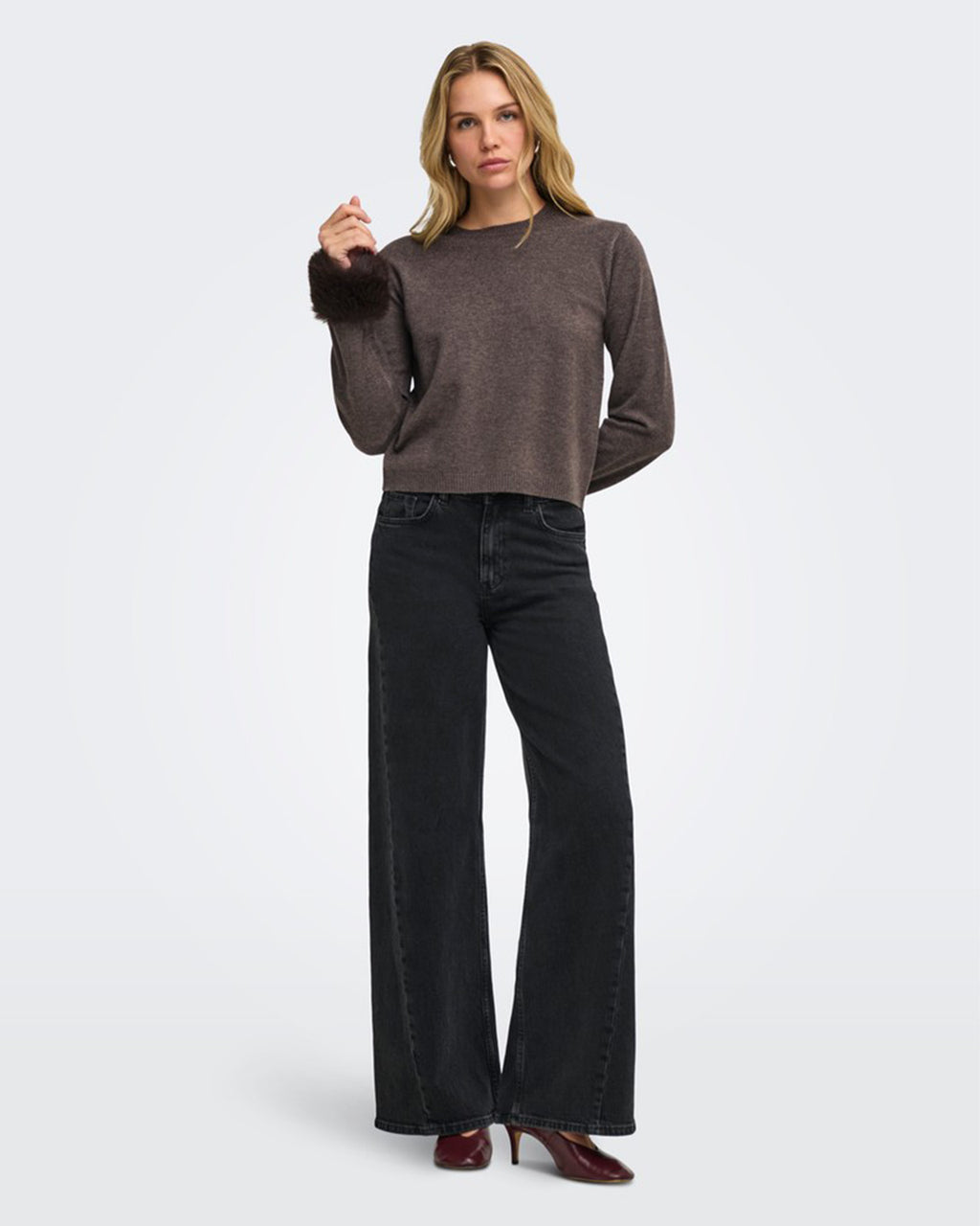 JDY Genser Talia L/S On Faux Fur Pullover - Mulch W. Faux Fur Detail