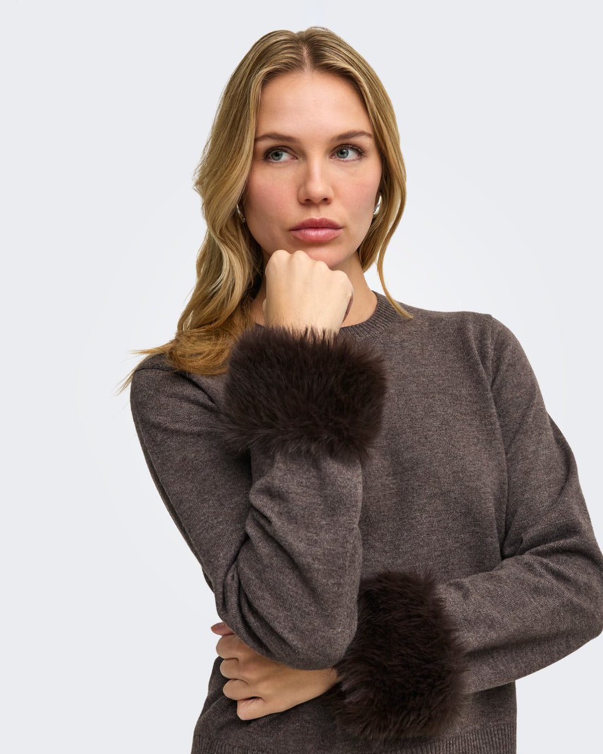 JDY Genser Talia L/S On Faux Fur Pullover - Mulch W. Faux Fur Detail