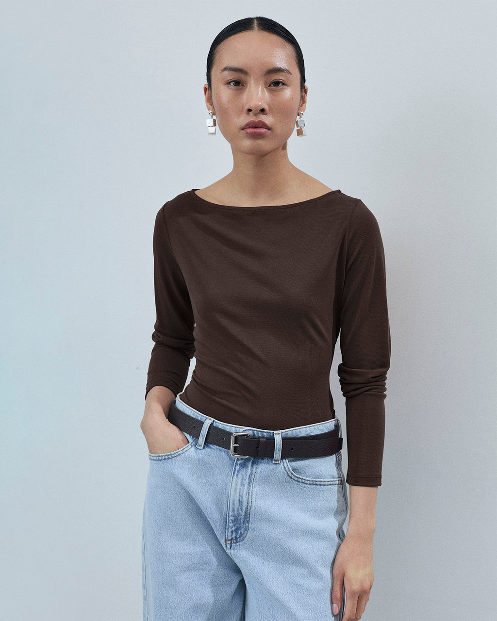 VILA Topp Ronja Boatneck L/S Rib - Coffee Bean