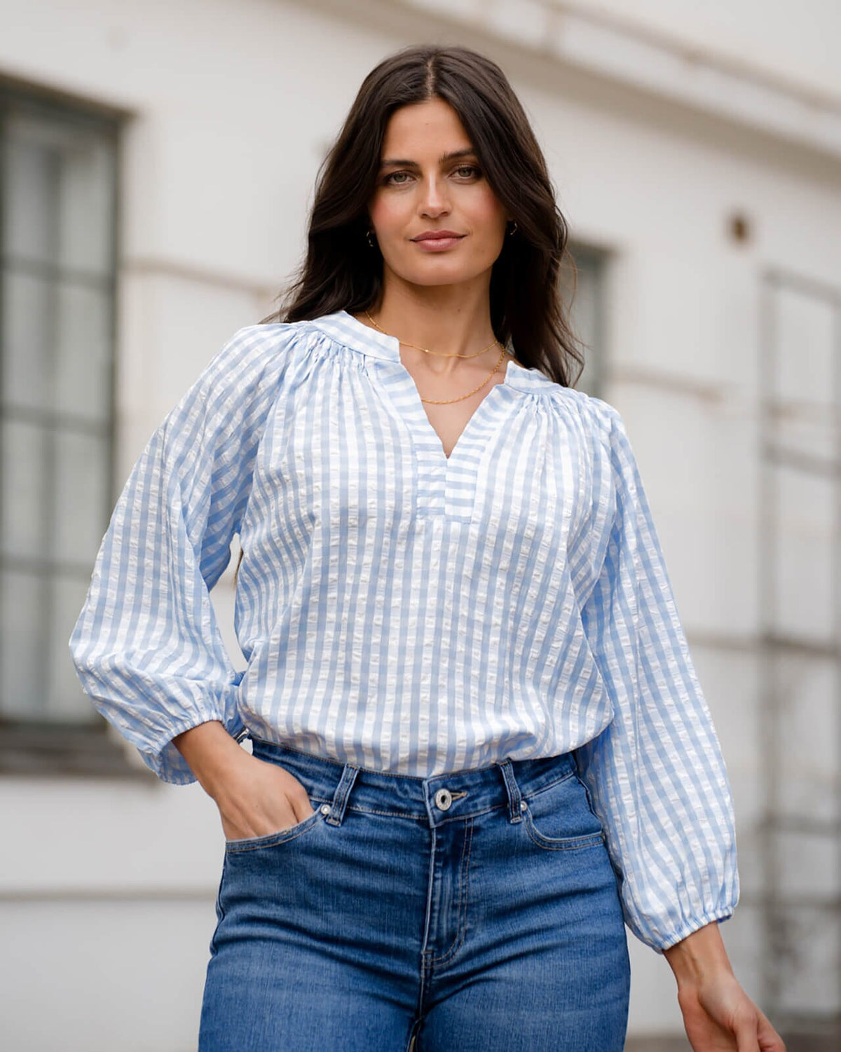 FLOYD Bluse Akara Check - Offwhite/ Blue