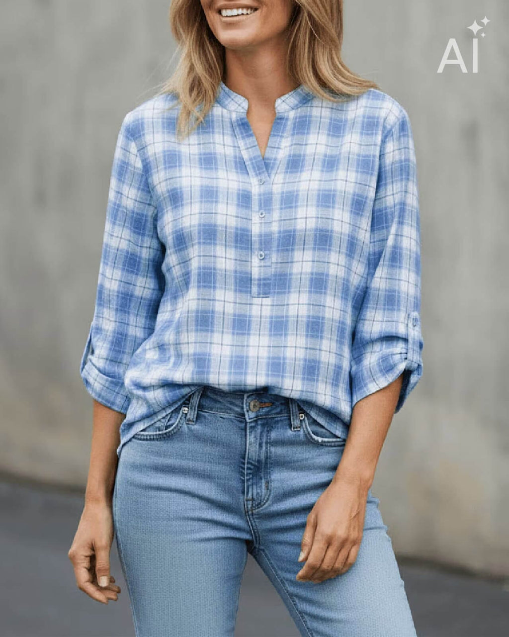 FLOYD Bluse Erica Square - Offwhite/ Blue
