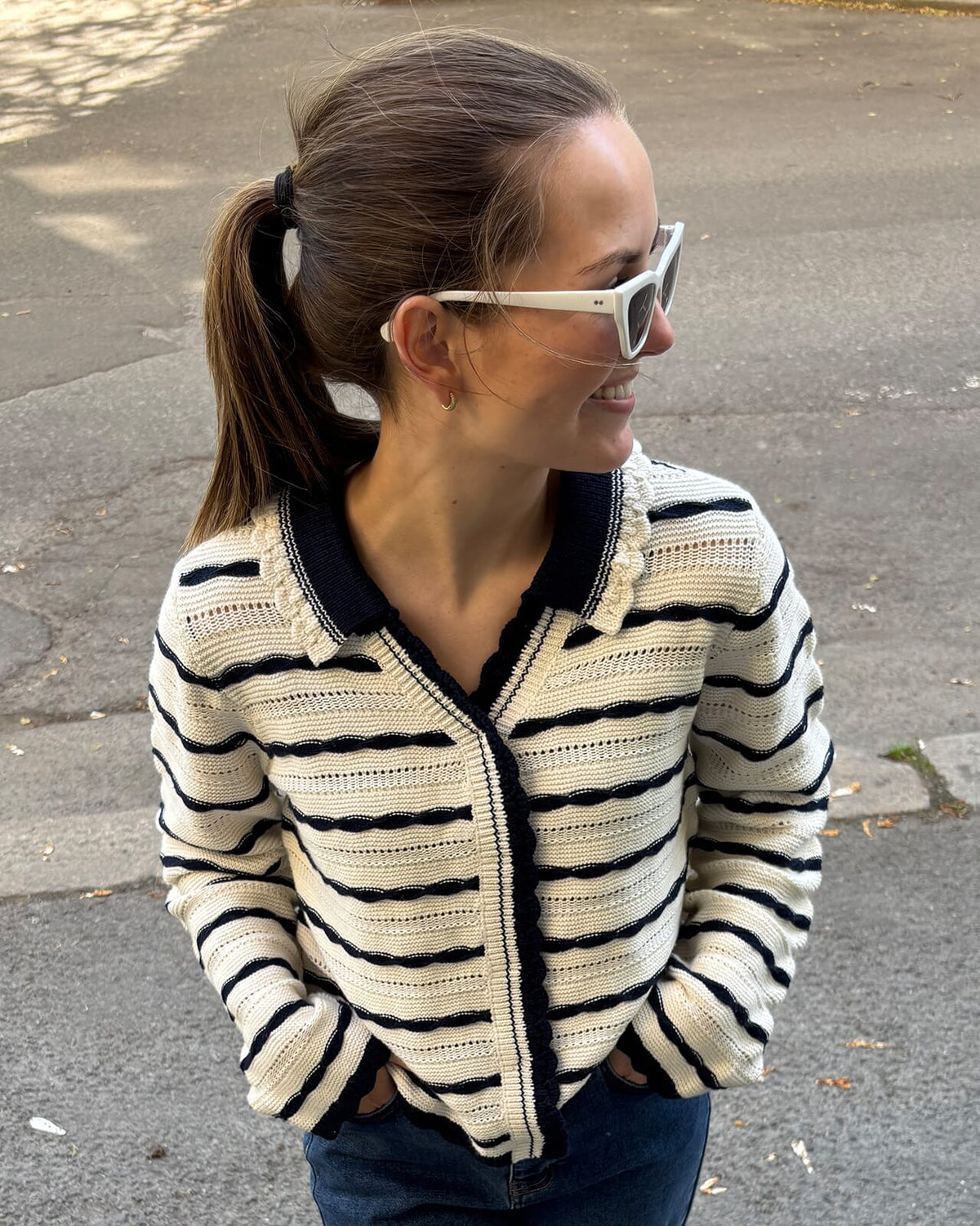 Y.A.S Strikket Cardigan Maddy - Birch/ Navy Blazer