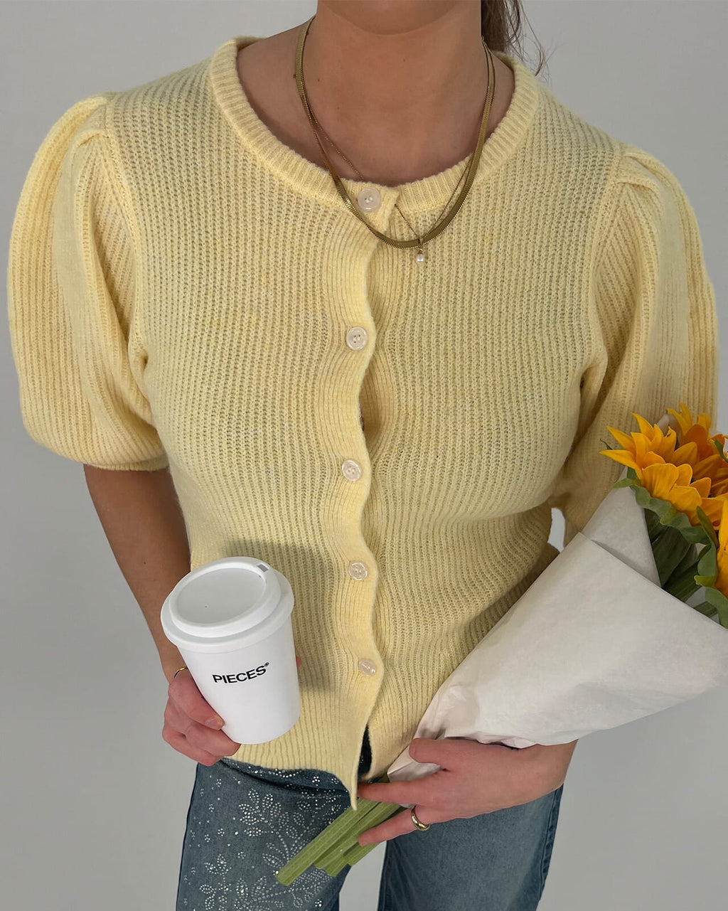 PIECES Strikket Cardigan Silly Puff SS - Pale Banana/ Melange