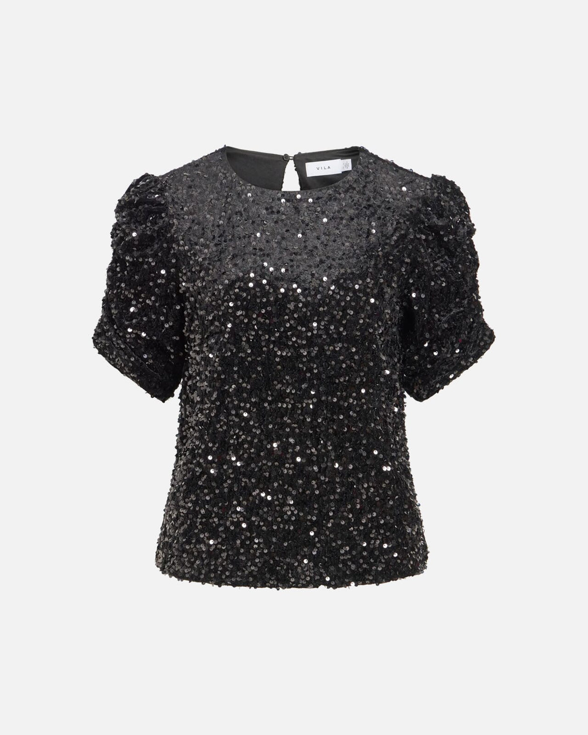 VILA Paljettopp Believe O-neck Puff Sequins - Black/ 1 Repeat