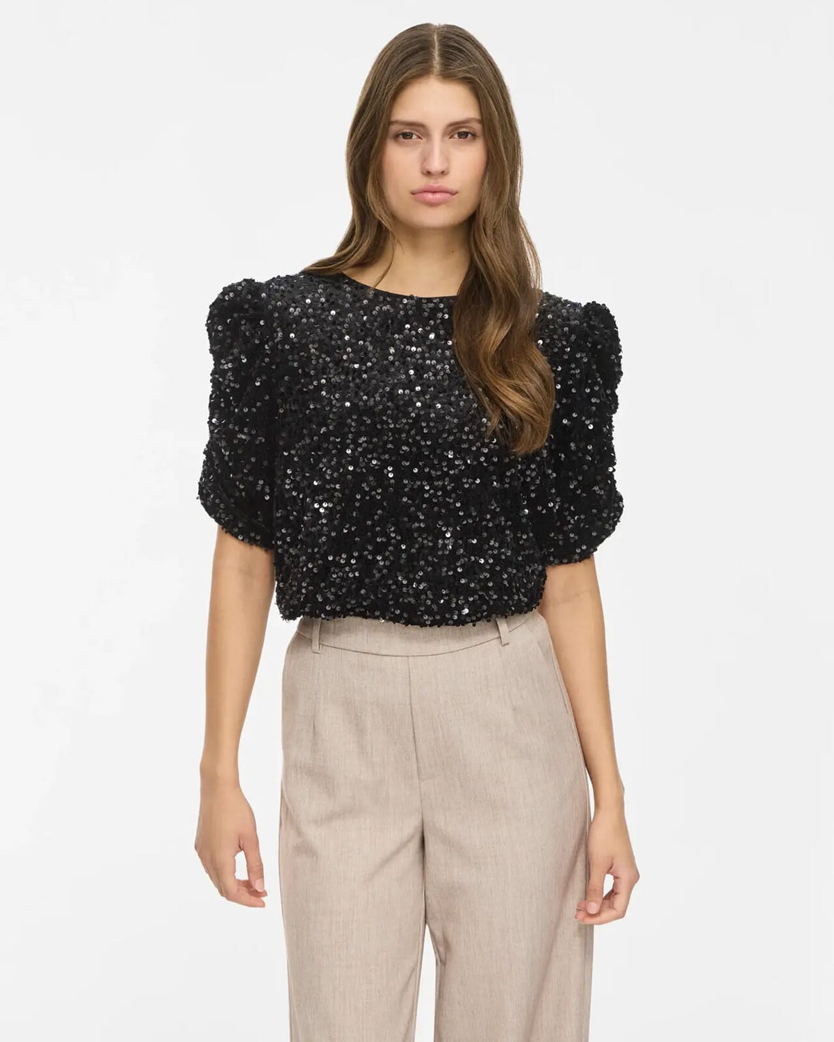 VILA Paljettopp Believe O-neck Puff Sequins - Black/ 1 Repeat