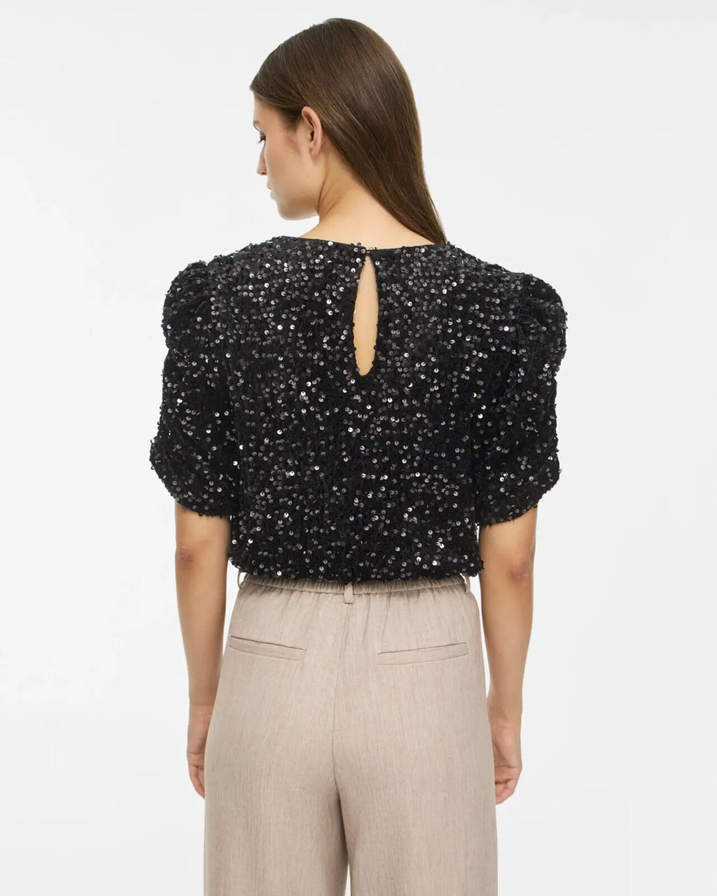 VILA Paljettopp Believe O-neck Puff Sequins - Black/ 1 Repeat
