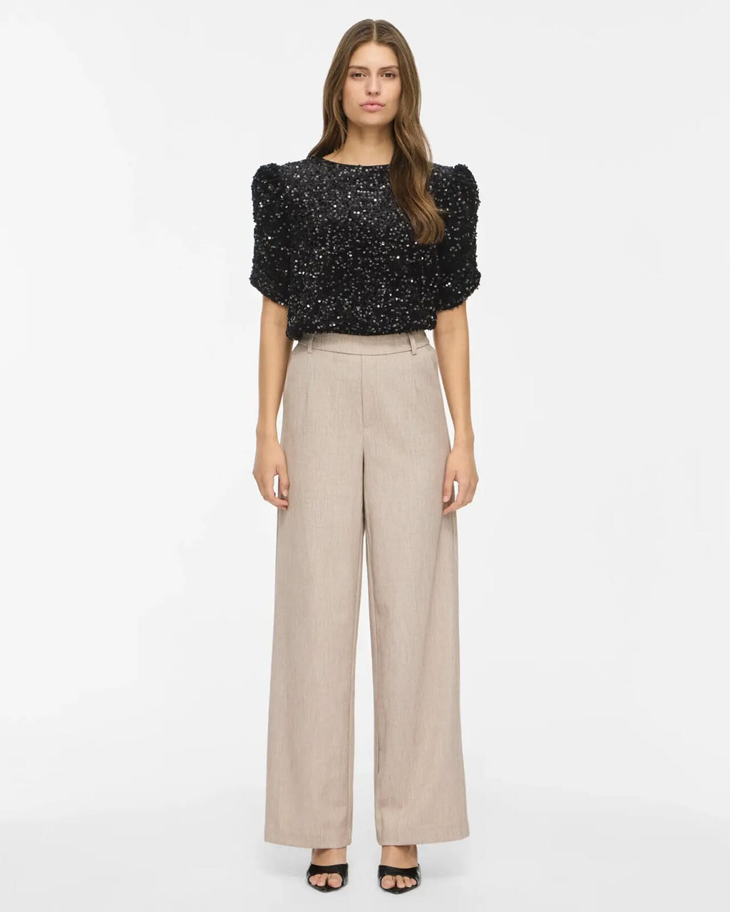 VILA Paljettopp Believe O-neck Puff Sequins - Black/ 1 Repeat