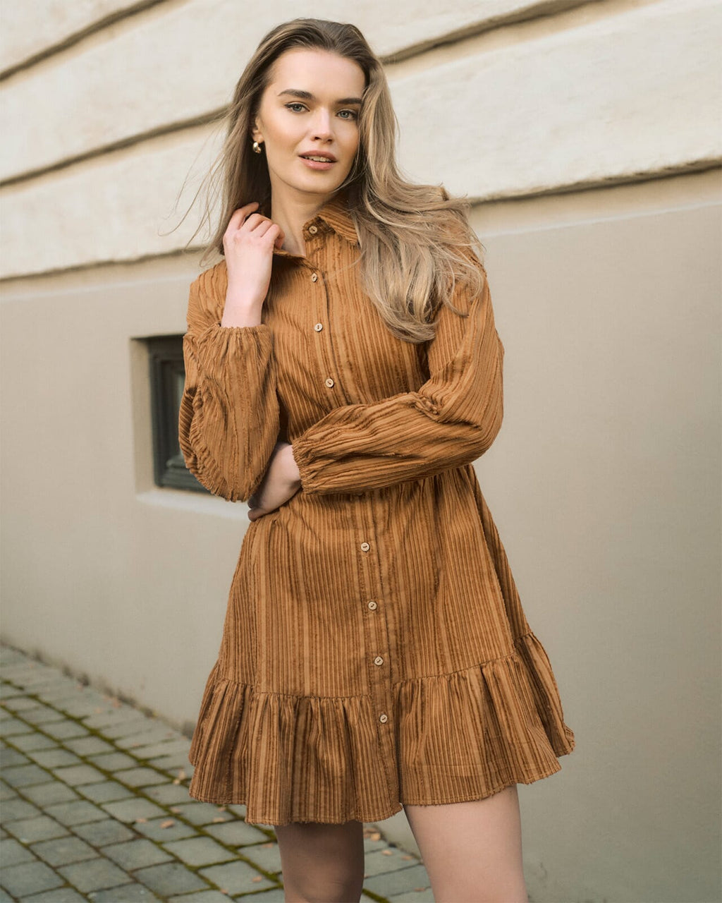 FLOYD Skjortekjole Madline Stripe Cord - Caramel