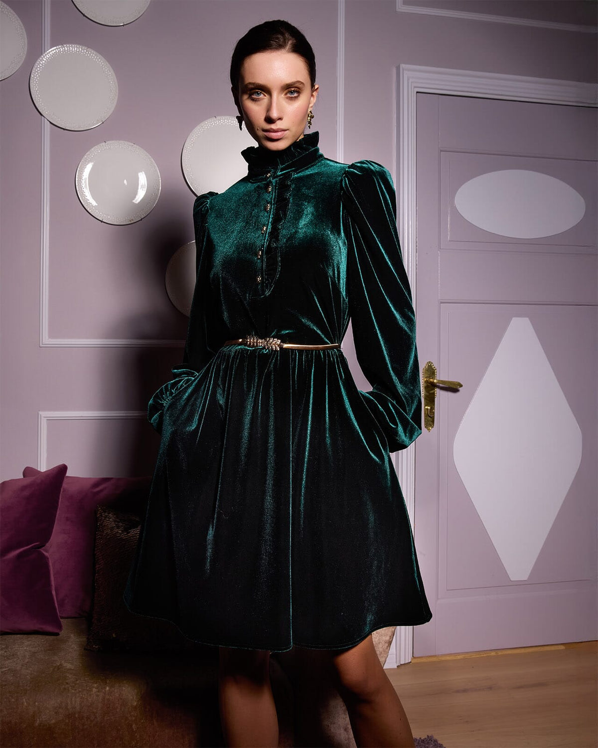 FLOYD Kjole Vanda Velvet - Dark Green