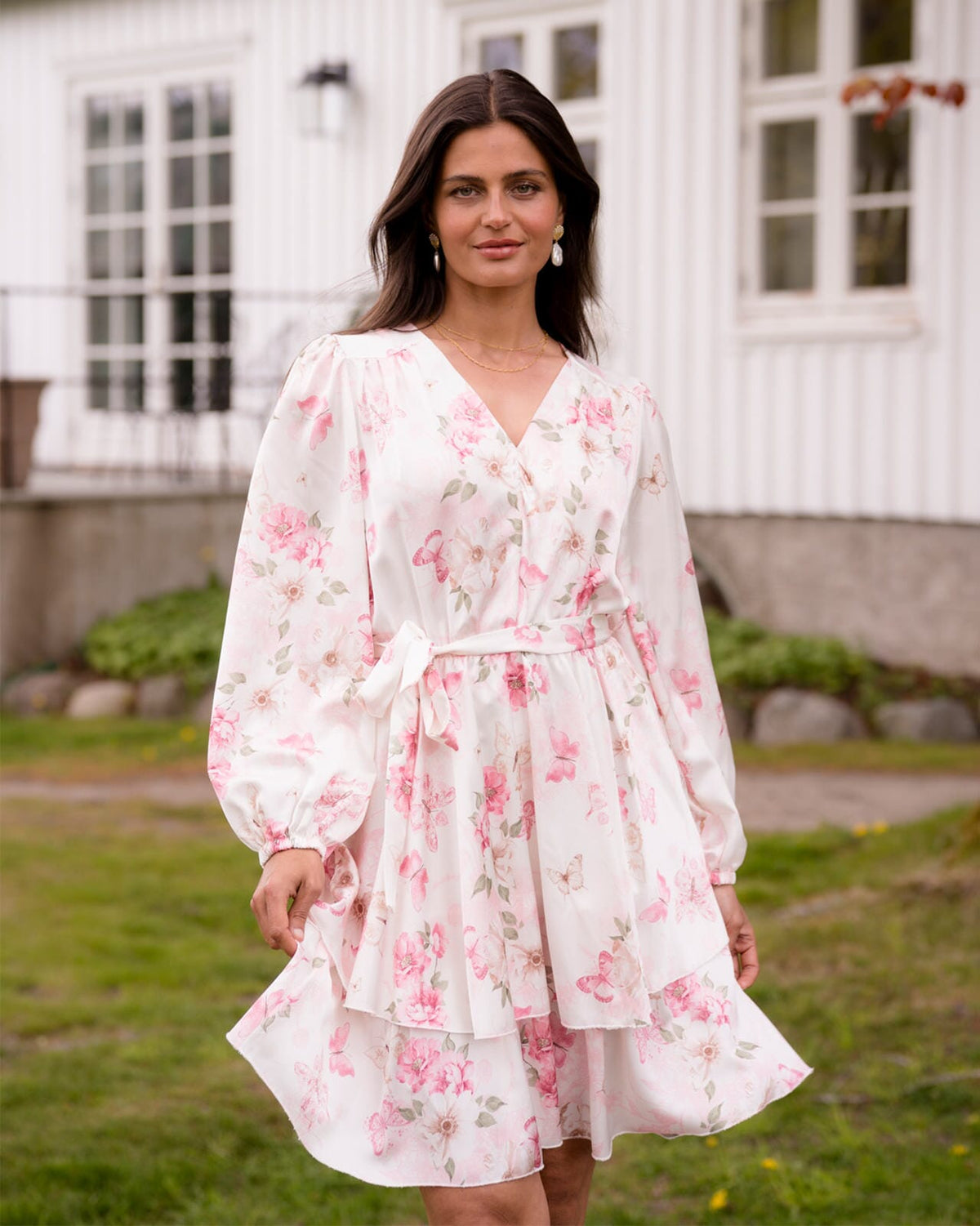 FLOYD Kjole Celest Butterfly - Offwhite/ Light Pink